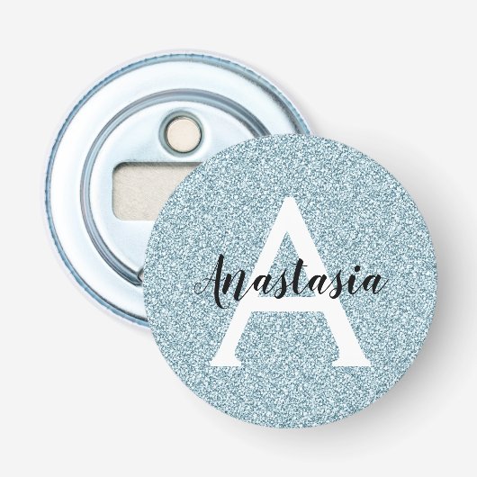Glam Blauw Zilver Glitter Glinstering Monogram Naa Button Flesopener (Voorkant)