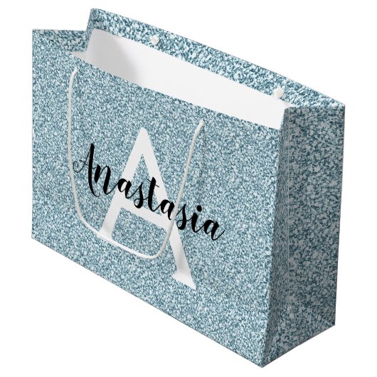 Glam Blauw Zilver Glitter Glinstering Monogram Naa Groot Cadeauzakje (Voorkant Gekanteld)