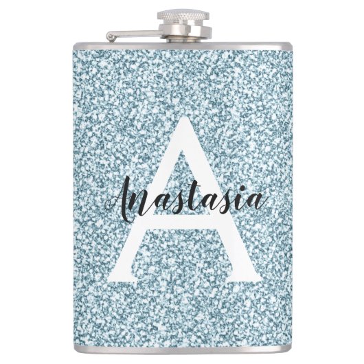 Glam Blauw Zilver Glitter Glinstering Monogram Naa Heupfles (Voorkant)