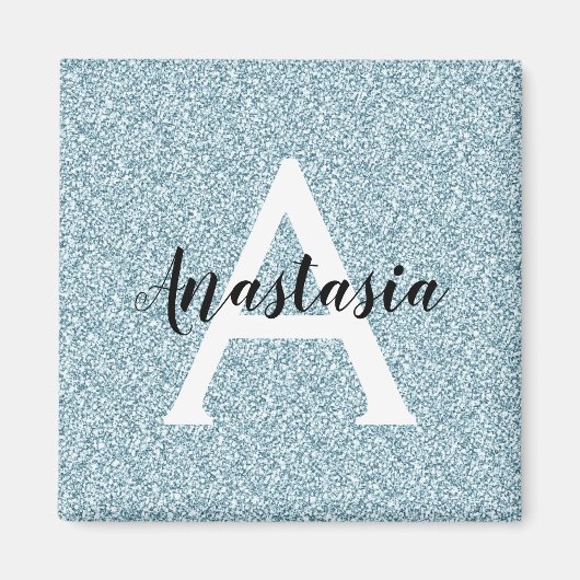 Glam Blauw Zilver Glitter Glinstering Monogram Naa Magneet (Voorkant)