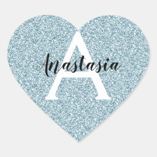 Glam Blauw Zilver Glitter Glitters Monogram Naam Hart Sticker