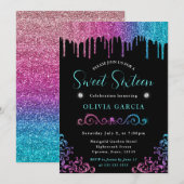 Glam blauwe en roze verloop glitters Zweet 16 Kaart (Voorkant / Achterkant)