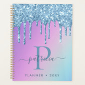 Glam Blauwe Glitter Druppels Elegante Monogram Dag Planner (Voorkant)