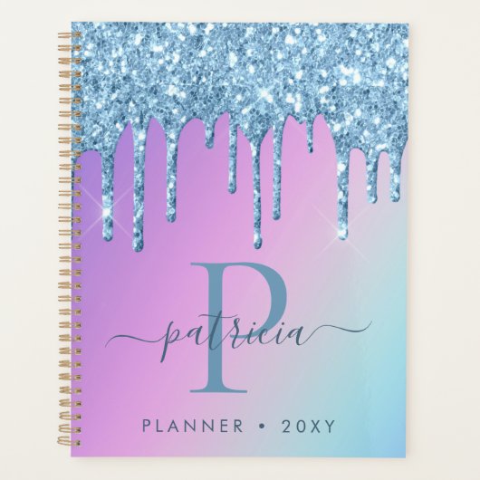 Glam Blauwe Glitter Druppels Elegante Monogram Dag Planner (Voorkant)