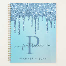 Glam Blauwe Glitter Druppels Elegante Monogram Dag Planner