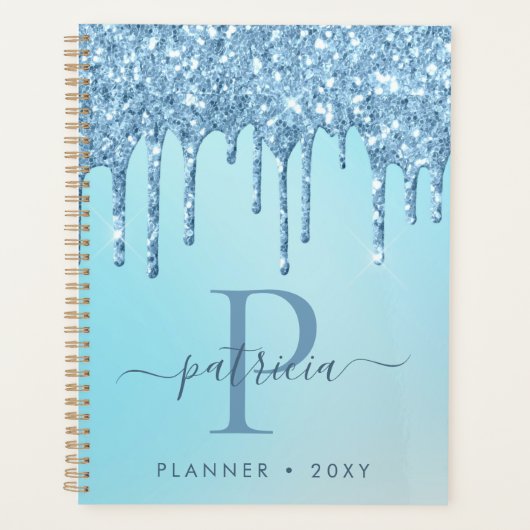 Glam Blauwe Glitter Druppels Elegante Monogram Dag Planner (Voorkant)