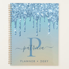 Glam Blauwe Glitter Druppels Elegante Monogram   Planner