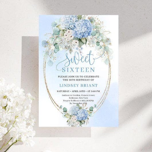 Glam Blauwe Hortensia Gouden Glitters 16e Verjaard Kaart