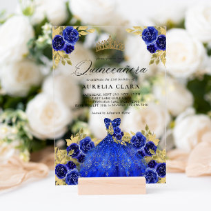 Glam blauwe jurk bloem waterverf 15e Quinceañera Acryl Uitnodigingen