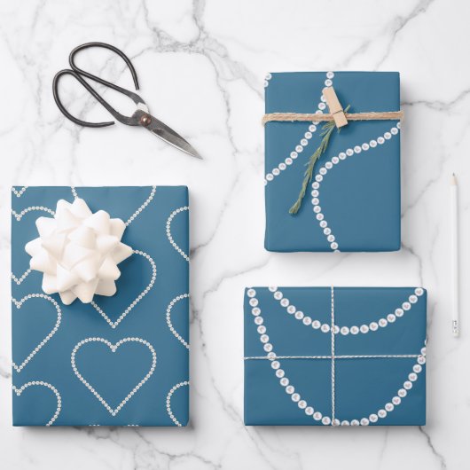 Glam Blauwe Witte Parels Bruids-Shower Inpakpapier Vel (Voorkant)