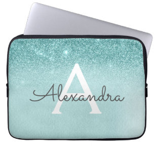 Glam Blauwgroen Aqua Blue Glitter en Sparkle Monog Laptop Sleeve