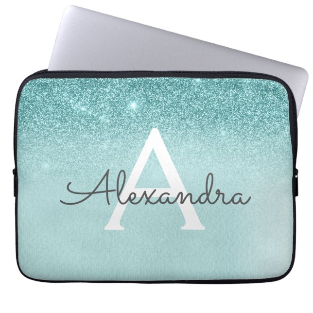 Glam Blauwgroen Aqua Blue Glitter en Sparkle Monog Laptop Sleeve (Voorkant)