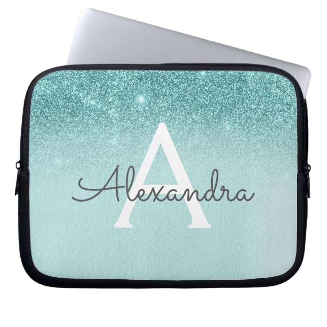 Glam Blauwgroen Aqua Blue Glitter en Sparkle Monog Laptop Sleeve (Voorkant)