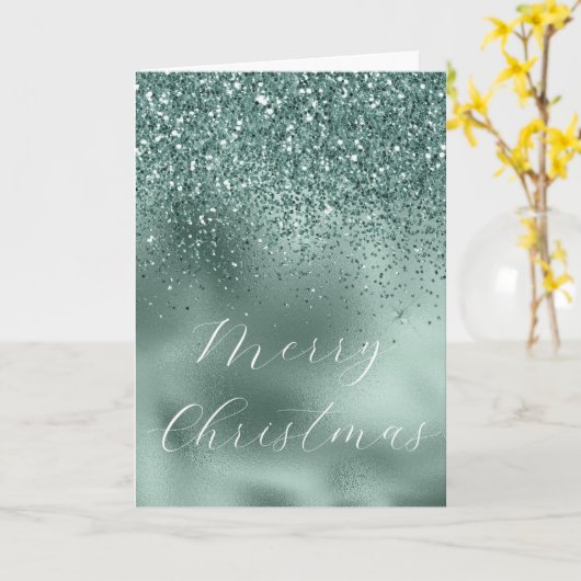 Glam Blauwgroen Aqua Pine Green Glitzy Glitter Kaart (Gele Bloem)