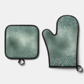 Glam Blauwgroen Aqua Pine Green Glitzy Glitter Ovenwant & Pannenlap Set (Voorkant)