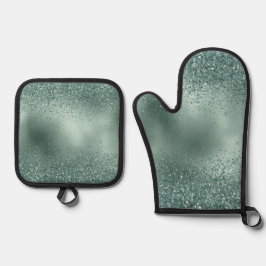 Glam Blauwgroen Aqua Pine Green Glitzy Glitter Ovenwant & Pannenlap Set