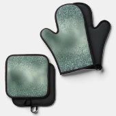 Glam Blauwgroen Aqua Pine Green Glitzy Glitter Ovenwant & Pannenlap Set (Voorkant / Achterkant)