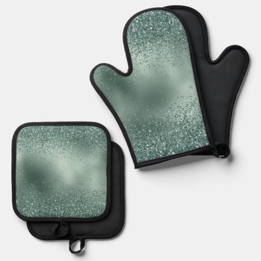 Glam Blauwgroen Aqua Pine Green Glitzy Glitter Ovenwant & Pannenlap Set (Voorkant / Achterkant)