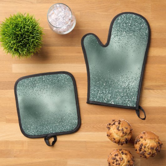 Glam Blauwgroen Aqua Pine Green Glitzy Glitter Ovenwant & Pannenlap Set (Top down)