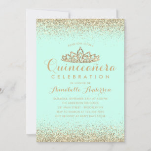Glam Blauwgroen Aqua Quinceañera Gold Tiara Glitte Kaart