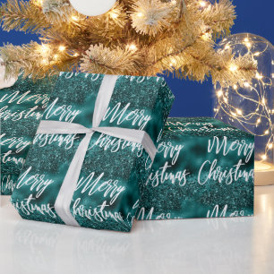 Glam Blauwgroen Folie Glitter Merry Kerstkalligraf Cadeaupapier