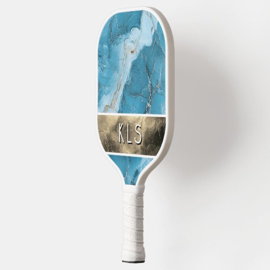 Glam Blauwgroen Marmer Gold Folie Monogram Pickleball Paddle (Links)