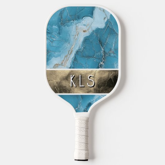 Glam Blauwgroen Marmer Gold Folie Monogram Pickleball Paddle (Achterkant)