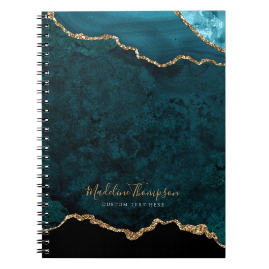 Glam Blauwgroen Velvet Agate Geode Gold Script Notitieboek (Voorkant)