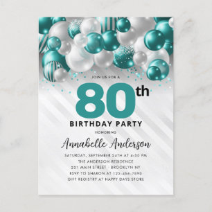 Glam Blauwgroen Zilveren Ballon Glitter 80ste Verj Briefkaart