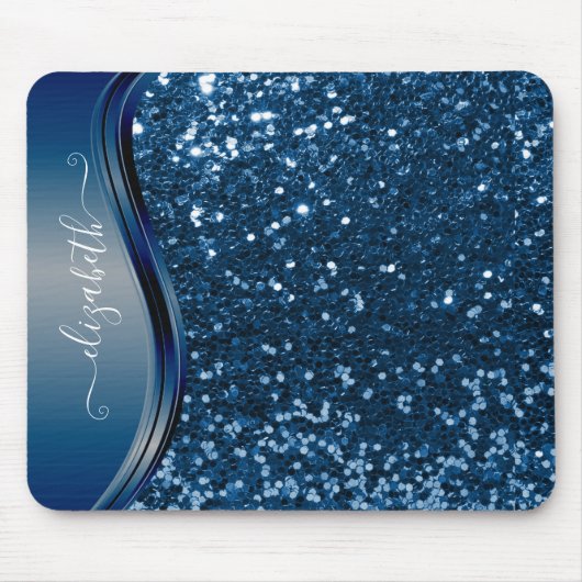 Glam Bling Personalized Glitter Calligraphy Blue Muismat (Voorkant)