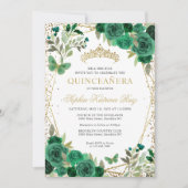 Glam Bloemen Emerald Groen Goud QR Code Quinceañer Kaart (Voorkant)