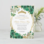 Glam Bloemen Emerald Groen Goud QR Code Quinceañer Kaart (Staand voorkant)