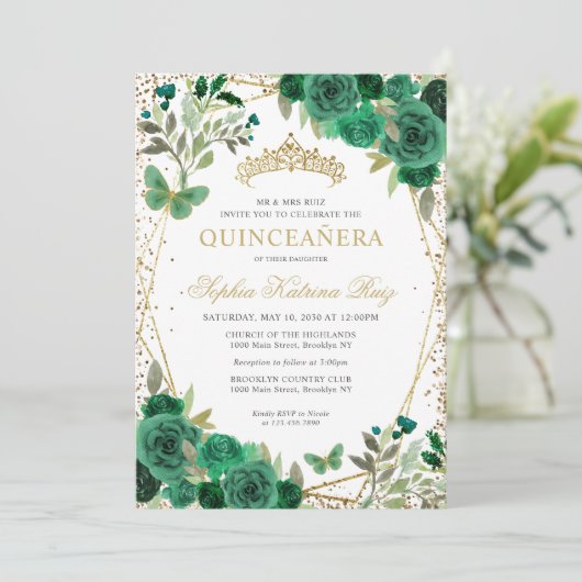 Glam Bloemen Emerald Groen Goud QR Code Quinceañer Kaart (Staand voorkant)