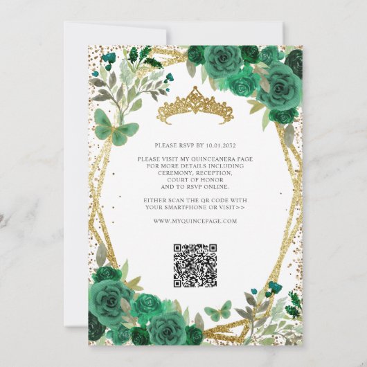 Glam Bloemen Emerald Groen Goud QR Code Quinceañer Kaart (Achterkant)