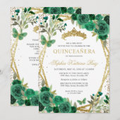 Glam Bloemen Emerald Groen Goud QR Code Quinceañer Kaart (Voorkant / Achterkant)