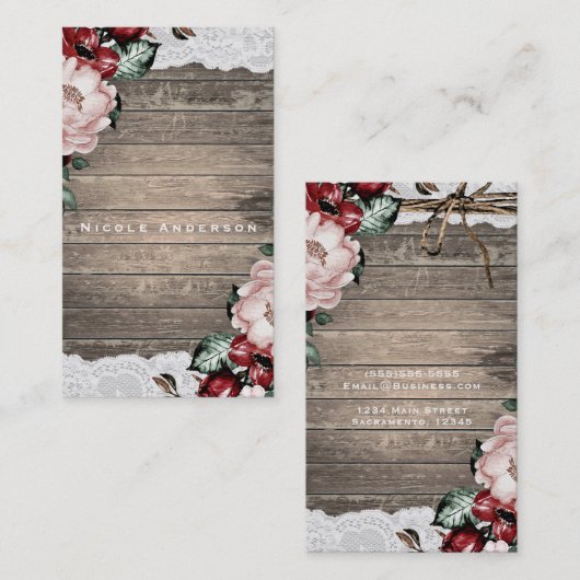 Glam Bloemen Rustiek Hout & Kant Elegant Land Visitekaartje (Voorkant / Achterkant)