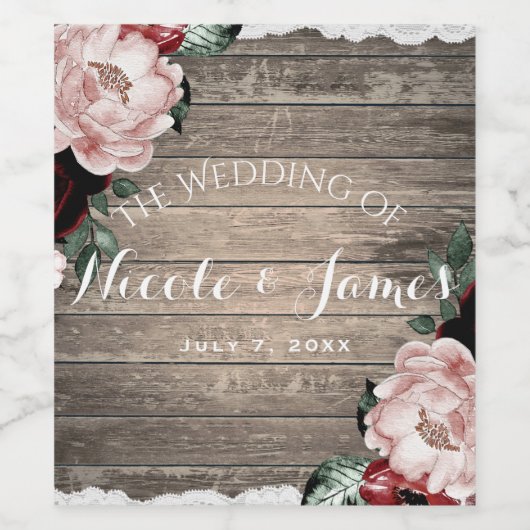 Glam Bloemen Rustiek Hout & Kant Schuur Trouwwijn Wijn Etiket (Enkel label)