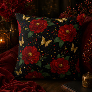 Glam bloemenkussen met rode rozen en gouden vlinde kussen