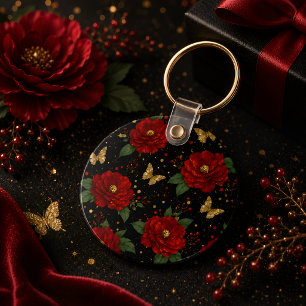 Glam bloemensleutelhanger rode rozen gouden vlinde sleutelhanger