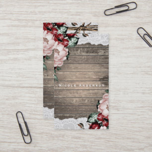 Glam bloemrijke rustieke houten & kanten elegante  visitekaartje