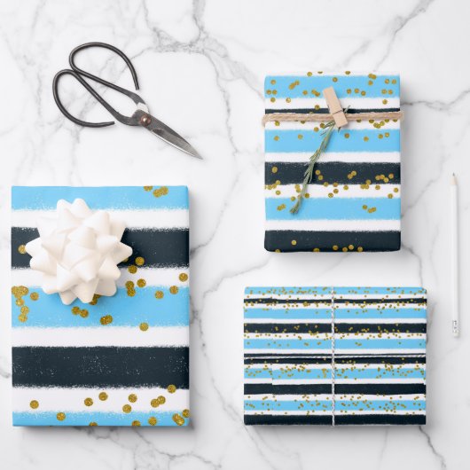 Glam Blue Black Gold Glitter Stripe Sparkle Inpakpapier Vel (Voorkant)
