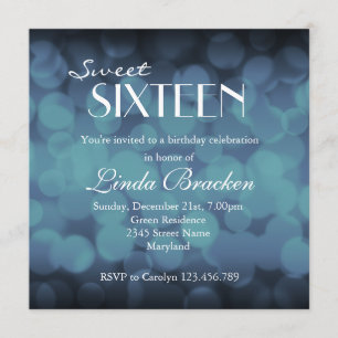 Glam Blue Bokeh Lights Sweet Sixteen Invite Kaart