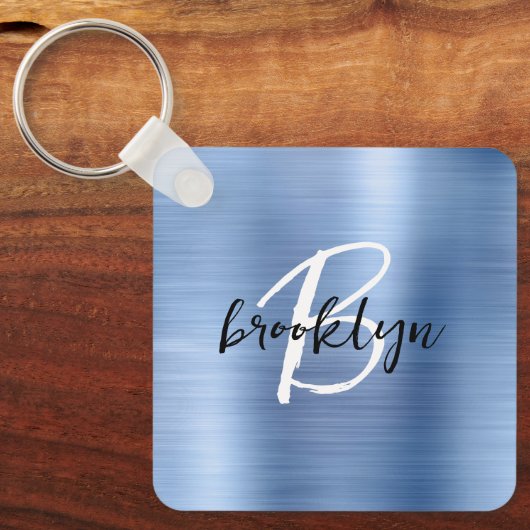 Glam Blue Brushed Metal Monogram  Sleutelhanger (Voorkant)
