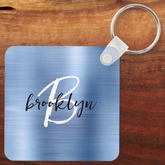 Glam Blue Brushed Metal Monogram Sleutelhanger (Achterkant)