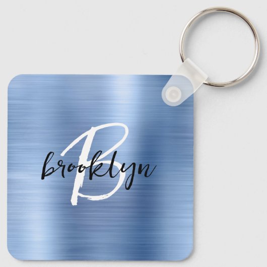 Glam Blue Brushed Metal Monogram Sleutelhanger (Achterkant)