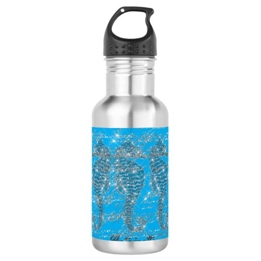 Glam Blue en Silver Glitter Seahorse Waterfles (Voorkant)
