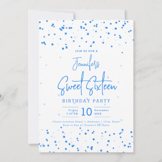 Glam Blue Faux Folie Stippen Sweet 16 Party Kaart (Voorkant)