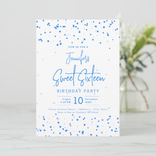 Glam Blue Faux Folie Stippen Sweet 16 Party Kaart (Staand voorkant)