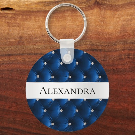Glam Blue faux Velvet Luxe Naam Sleutelhanger (Voorkant)