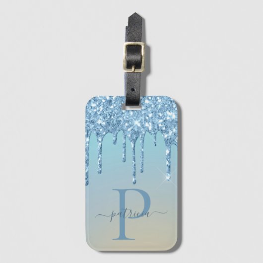 Glam Blue Glitter Drift Elegant Monogram Bagagelabel (Voorkant (verticaal))